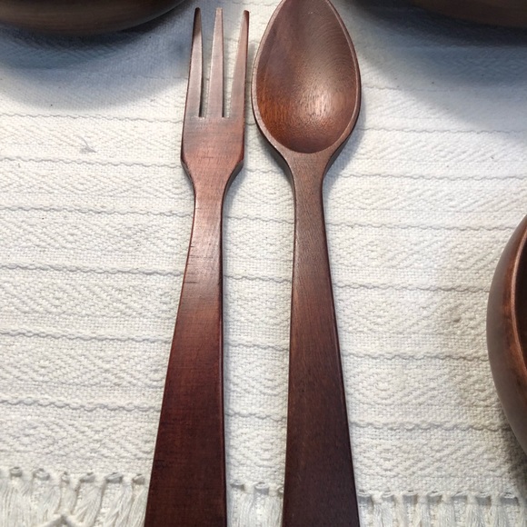 Vintage Baribocraft Wooden Salad Bowl Set with Fork and Spoon Dining 7 Piece Set - Picture 5 of 10